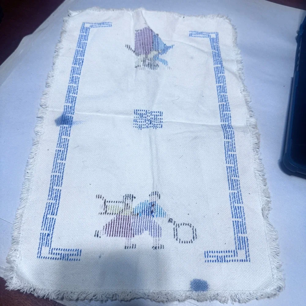 Vintage Korean Folk Art Cross Stitch Embroidered Table Runner Hanbok Figures